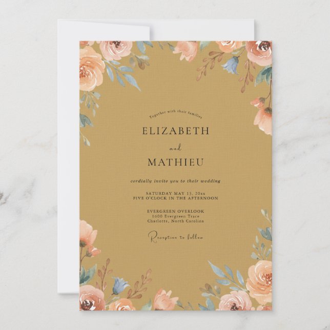 Invitación Boda de Peonía Melocotón Dorado (Anverso)