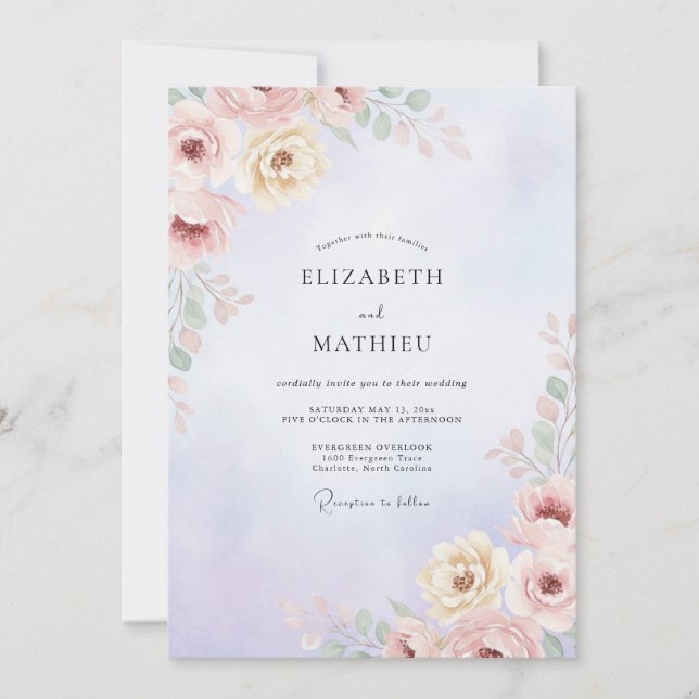 Invitación Boda de Peonía Melocotón Malva (Anverso)