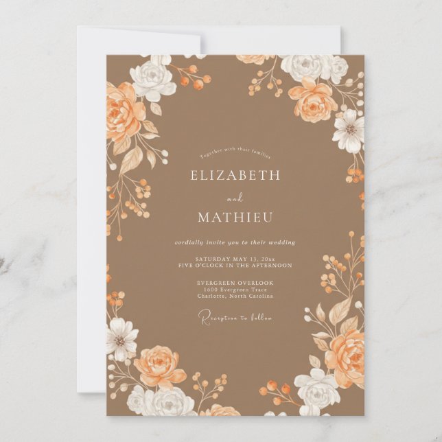 Invitación Boda de Peonía Melocotón Marrón (Anverso)