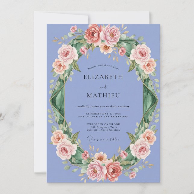 Invitación Boda de Peonía Melocotón Periwinkle (Anverso)