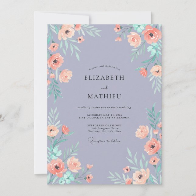Invitación Boda de Peonía Melocotón Rosado Periwinkle (Anverso)