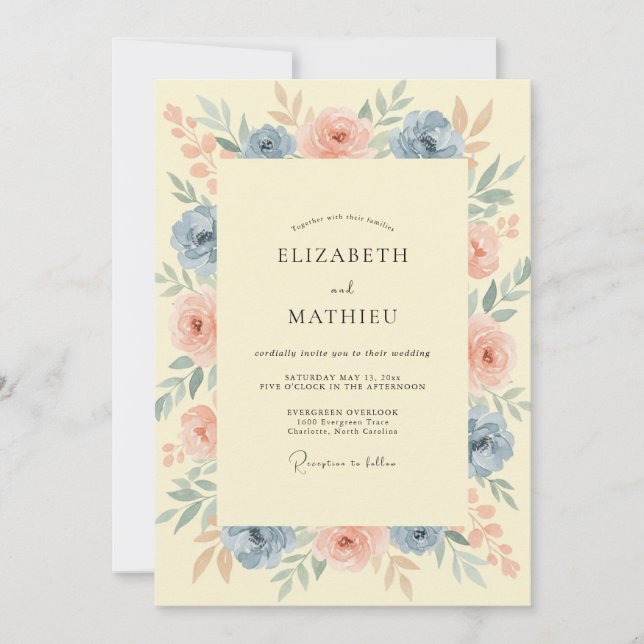 Invitación Boda de Peonía Melocotón Rubor de Centaurea (Anverso)
