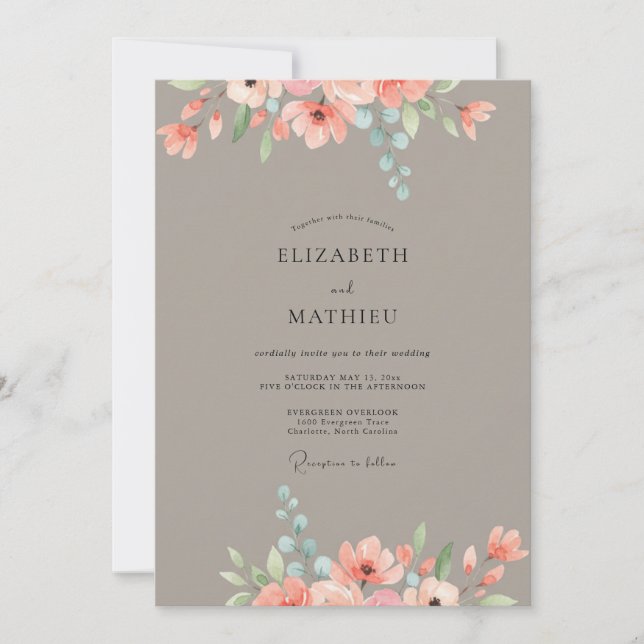 Invitación Boda de peonía melocotón taupe (Anverso)