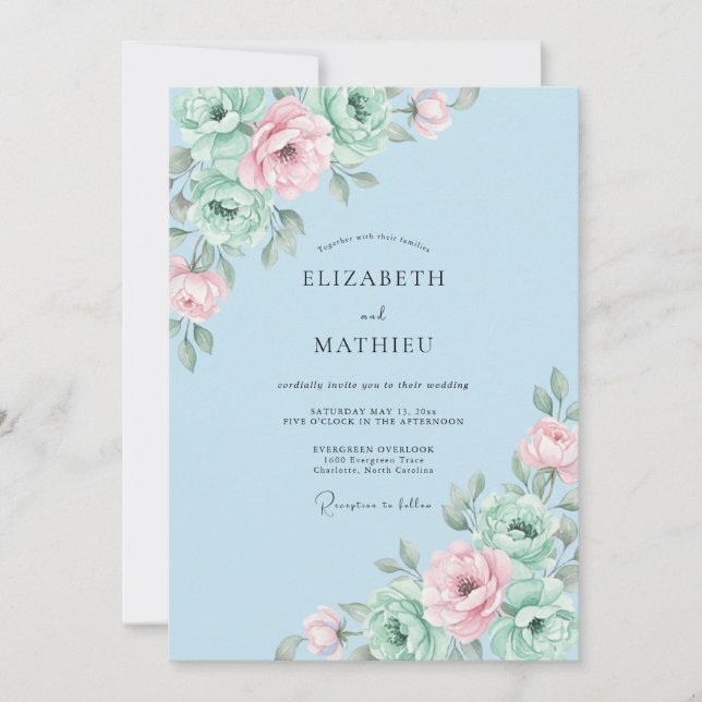 Invitación Boda de peonía menta azul (Anverso)