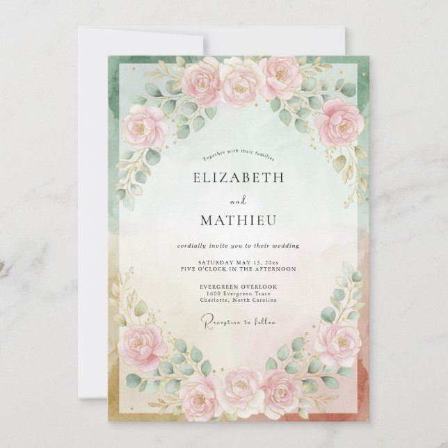 Invitación Boda de peonía menta con rubor pálido (Anverso)