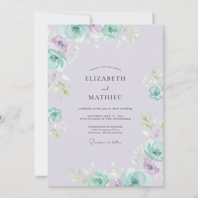 Invitación Boda de peonía menta delicada vincapervinca (Anverso)