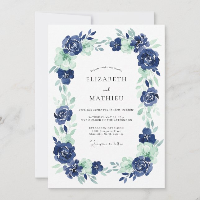 Invitación Boda de peonía menta índigo (Anverso)