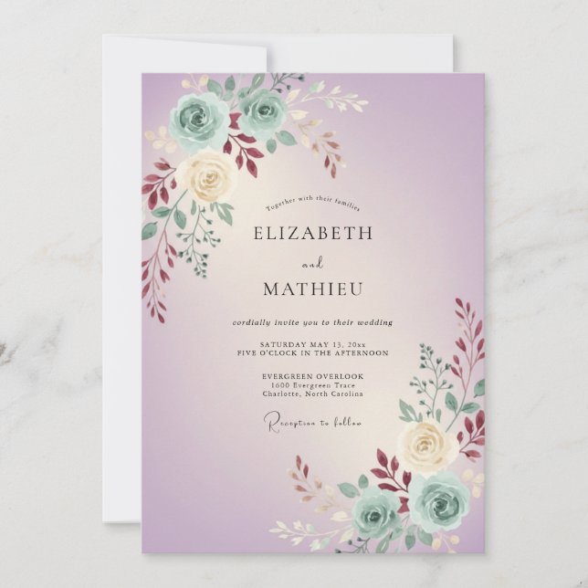 Invitación Boda de peonía menta lila silenciada (Anverso)