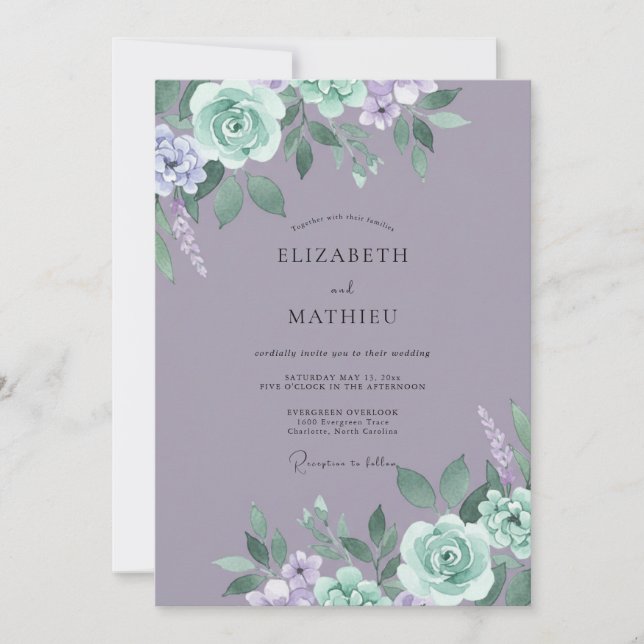 Invitación Boda de peonía menta malva silenciada (Anverso)