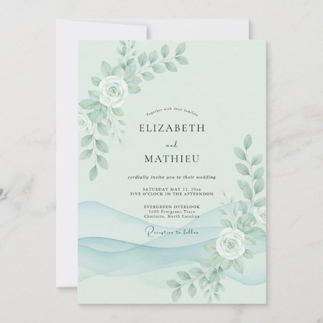 Invitación Boda de peonía menta marino (Anverso)