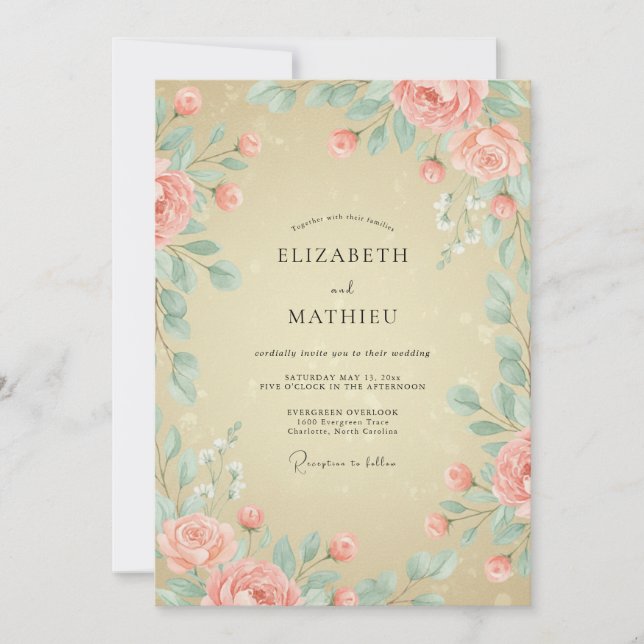 Invitación Boda de Peonía Menta Melocotón Pálido (Anverso)