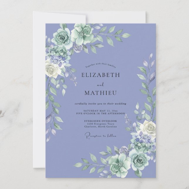 Invitación Boda de Peonía Menta Periwinkle (Anverso)