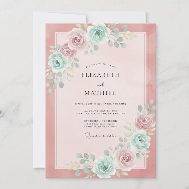 Invitación Boda de peonía menta rosa rubor (Anverso)