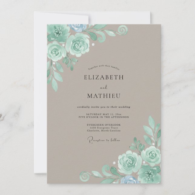 Invitación Boda de peonía menta taupe (Anverso)