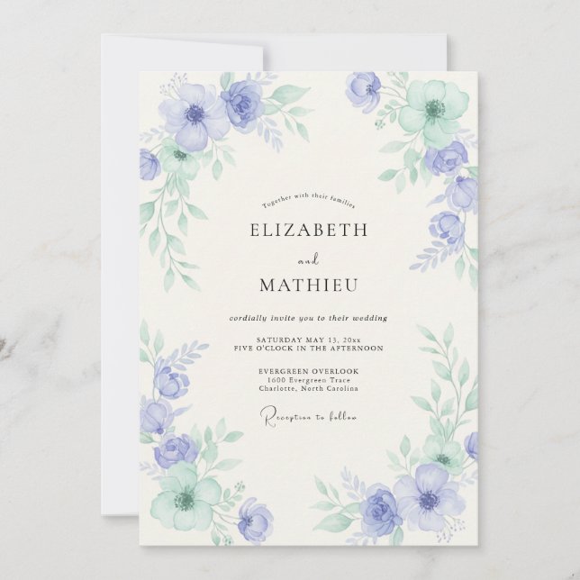 Invitación Boda de Peonía Menta Vinca Garden (Anverso)