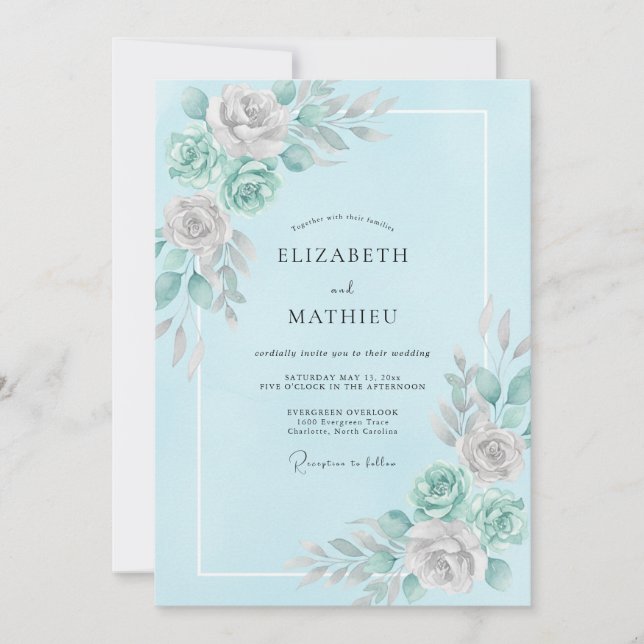 Invitación Boda de Peonía Mint Aqua (Anverso)