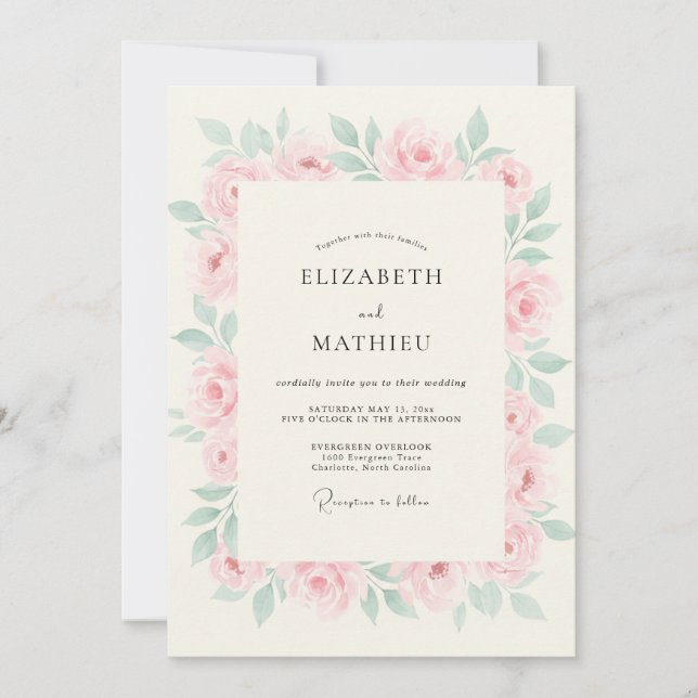 Invitación Boda de peonía mint suave con rubor (Anverso)