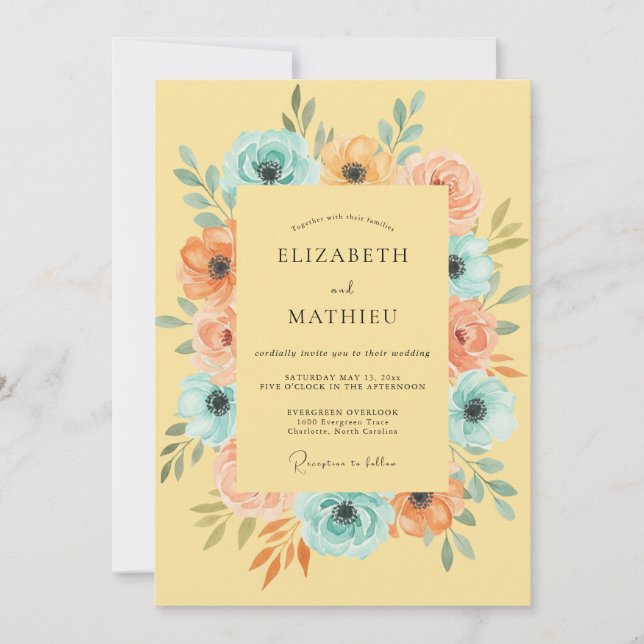 Invitación Boda de Peonía Mostaza Bosque (Anverso)