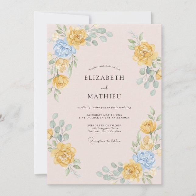 Invitación Boda de Peonía Mostaza Rosada (Anverso)