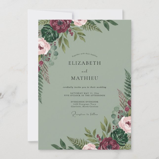 Invitación Boda de Peonía Musgo Granate (Anverso)