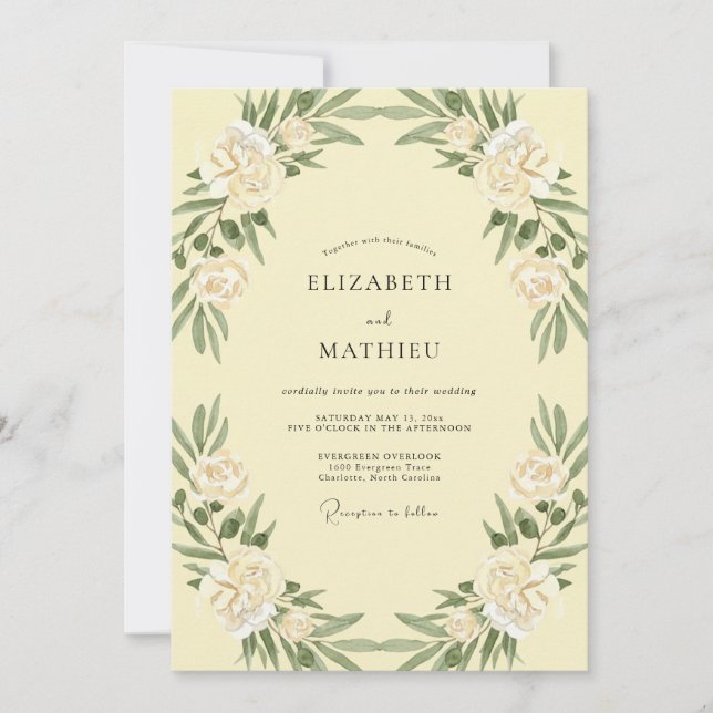 Invitación Boda de Peonía Musgo Mantequilla (Anverso)
