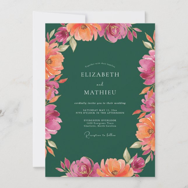 Invitación Boda de peonía naranja magenta (Anverso)