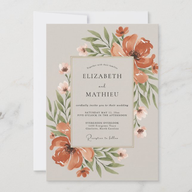 Invitación Boda de Peonía Naranja Quemada (Anverso)