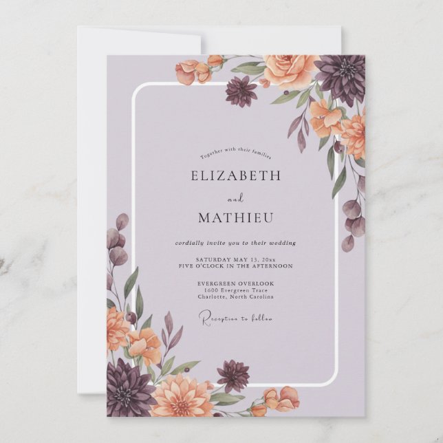 Invitación Boda de Peonía Naranja Quemada Malva (Anverso)