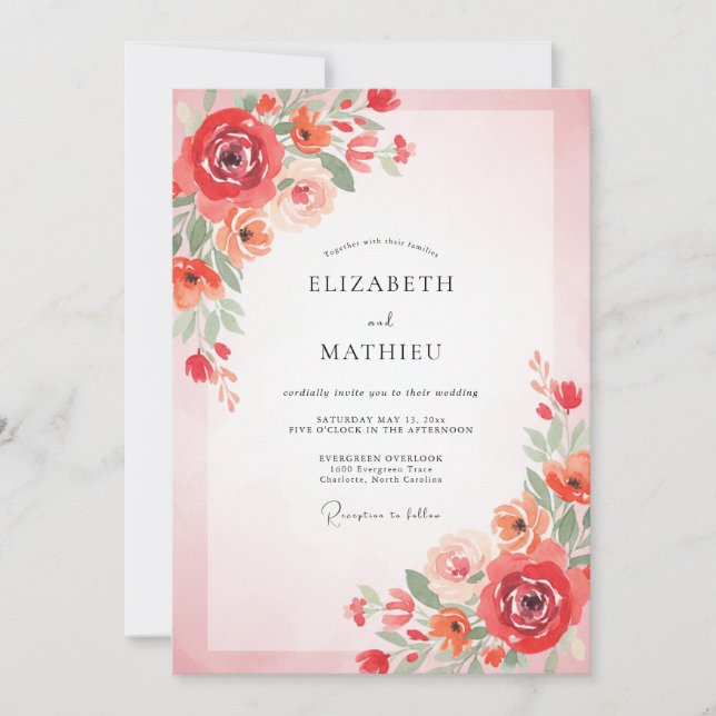 Invitación Boda de peonía naranja roja (Anverso)