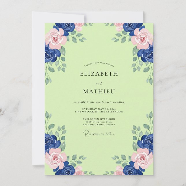 Invitación Boda de peonía naval chartreuse (Anverso)