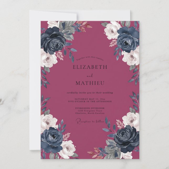 Invitación Boda de peonía naval de baya (Anverso)
