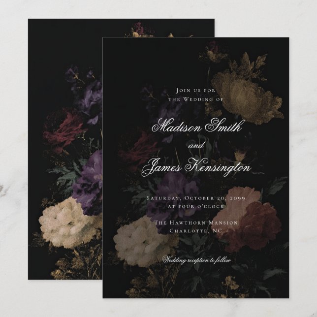 Invitación Boda de Peonía Negra Romántica Floral Oscura Moody (Anverso / Reverso)
