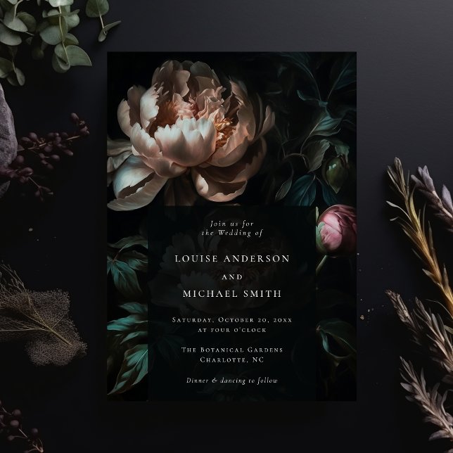 Invitación Boda de Peonía Negra Romántica Floral Oscura Moody (Subido por el creador)