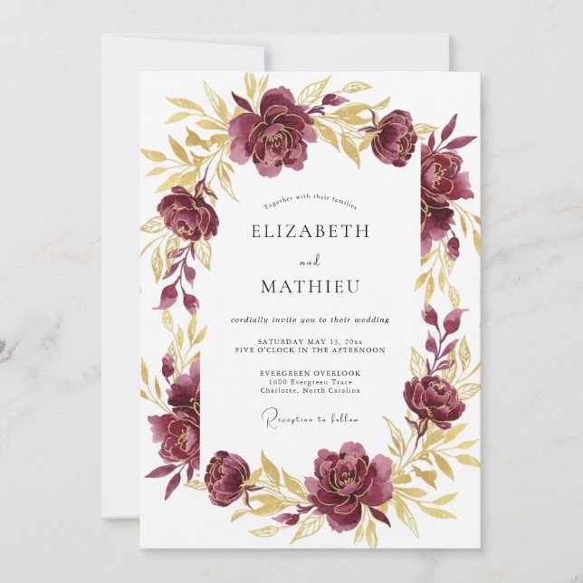 Invitación Boda de Peonía Ócrea Ciruela (Anverso)