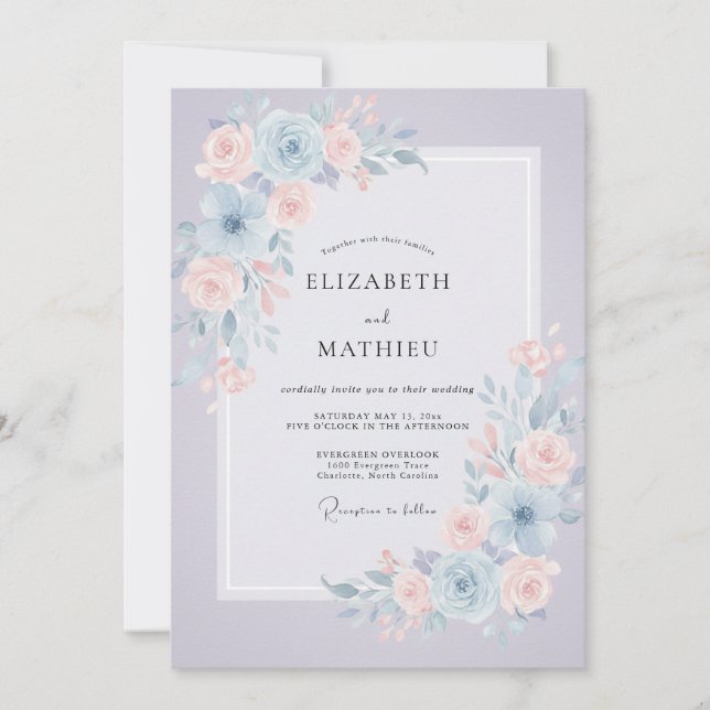 Invitación Boda de peonía pastel de pervinca (Anverso)