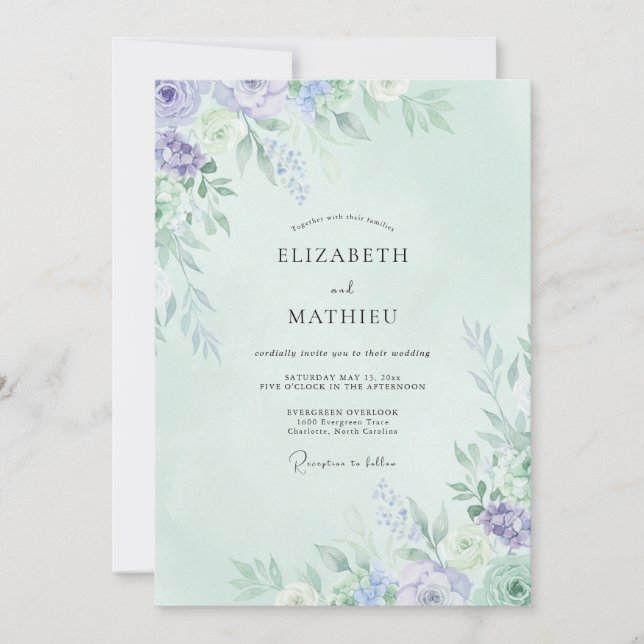 Invitación Boda de peonía perifollaje menta (Anverso)