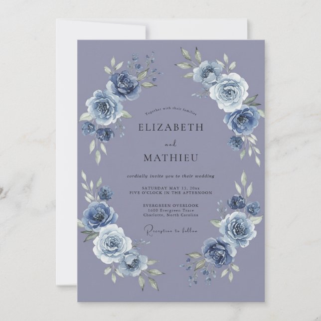 Invitación Boda de Peonía Periwinkle (Anverso)