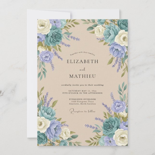 Invitación Boda de Peonía Periwinkle Acuática (Anverso)