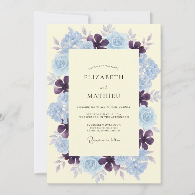 Invitación Boda de Peonía Periwinkle Ciruela (Anverso)