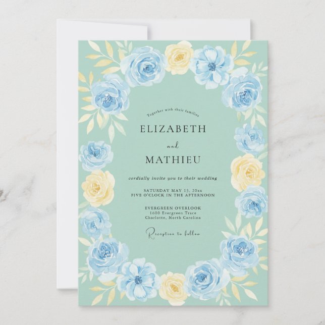 Invitación Boda de Peonía Periwinkle con Mantequilla Dorada (Anverso)
