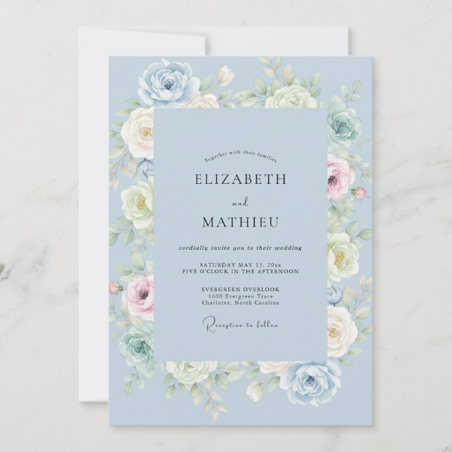Invitación Boda de Peonía Periwinkle en Polvo (Anverso)