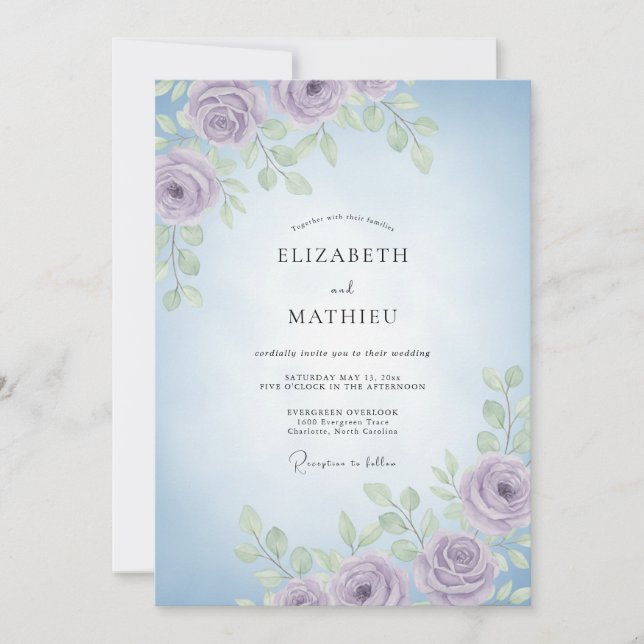 Invitación Boda de Peonía Periwinkle Lavanda (Anverso)