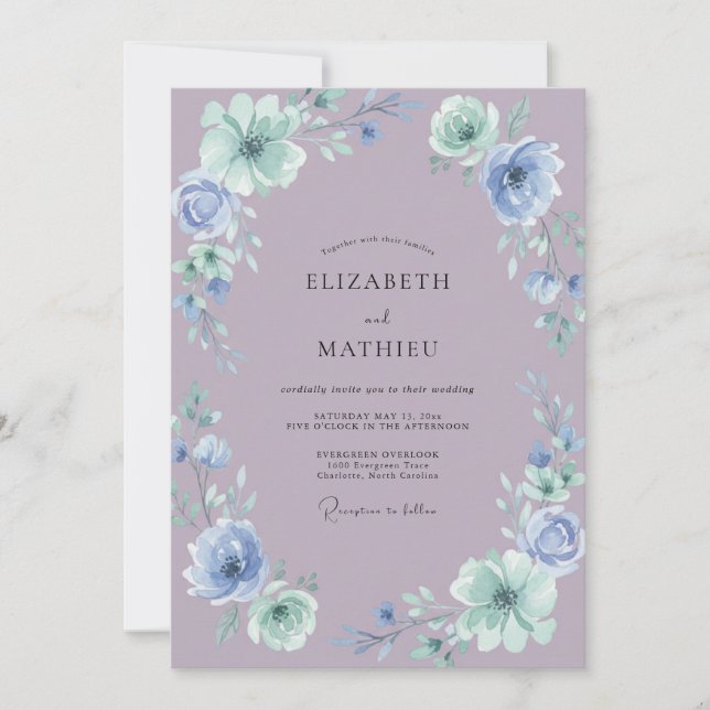 Invitación Boda de Peonía Periwinkle Mauve (Anverso)