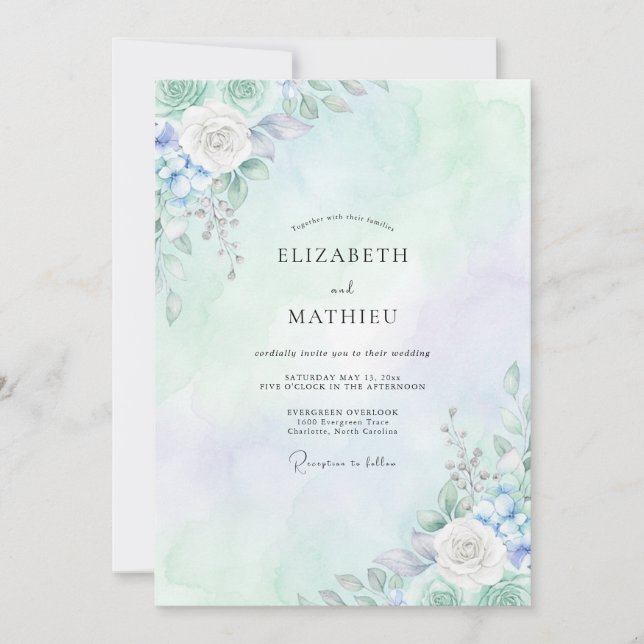 Invitación Boda de Peonía Periwinkle Pálida (Anverso)