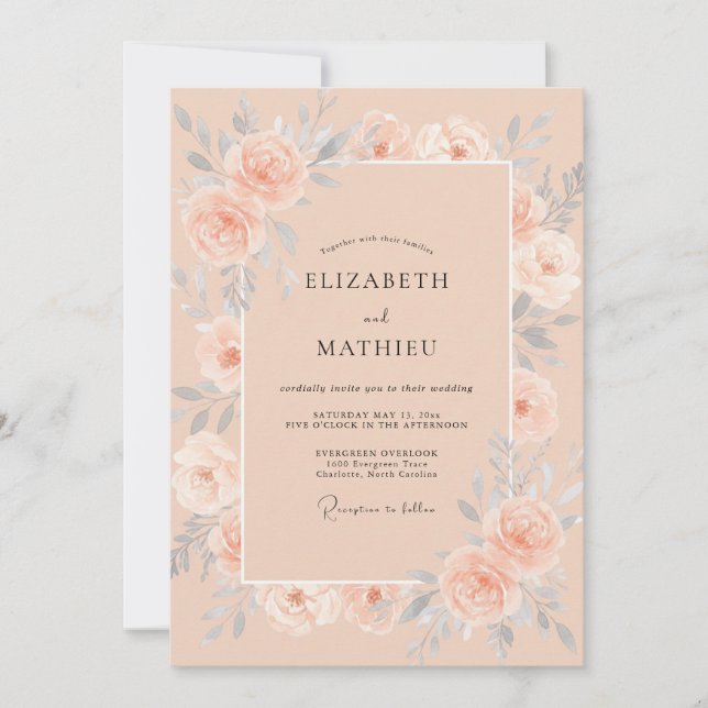Invitación Boda de peonía pintada albaricoque (Anverso)