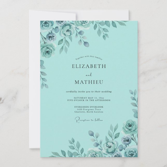 Invitación Boda de Peonía Pintada con Aqua (Anverso)
