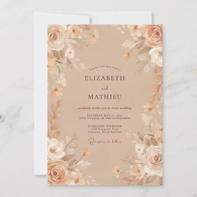 Invitación Boda de peonía pintada con champán (Anverso)