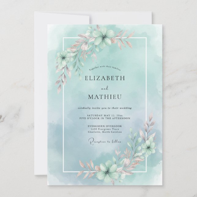 Invitación Boda de peonía pintada con espuma de mar sin tiemp (Anverso)