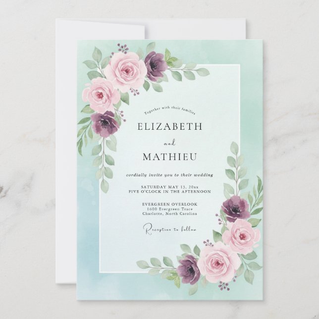 Invitación Boda de peonía pintada de ciruela menta (Anverso)