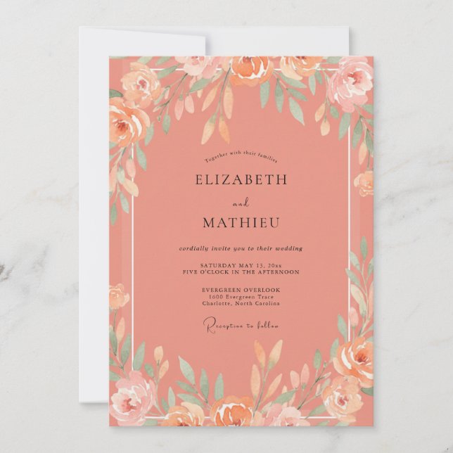 Invitación Boda de peonía pintada de coral (Anverso)